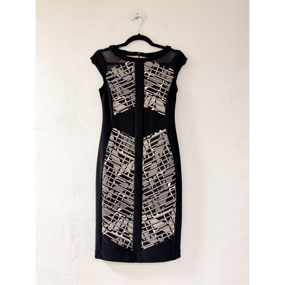 Joseph Ribkoff Mesh Panel Sheath Dress in Beige Black Size 4